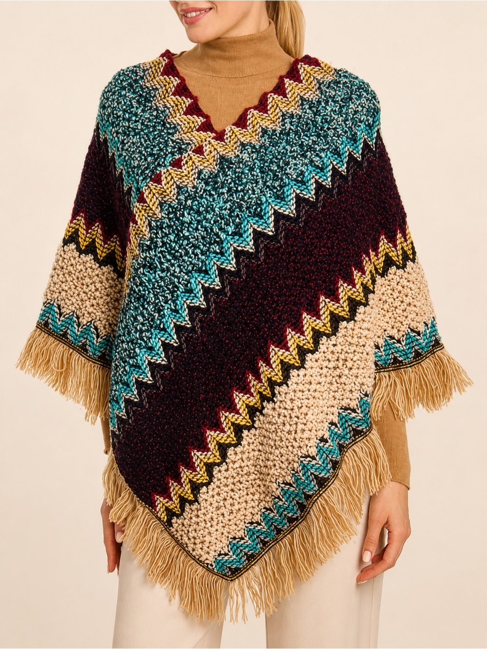 Boho Chevron Patterned Knit  Poncho